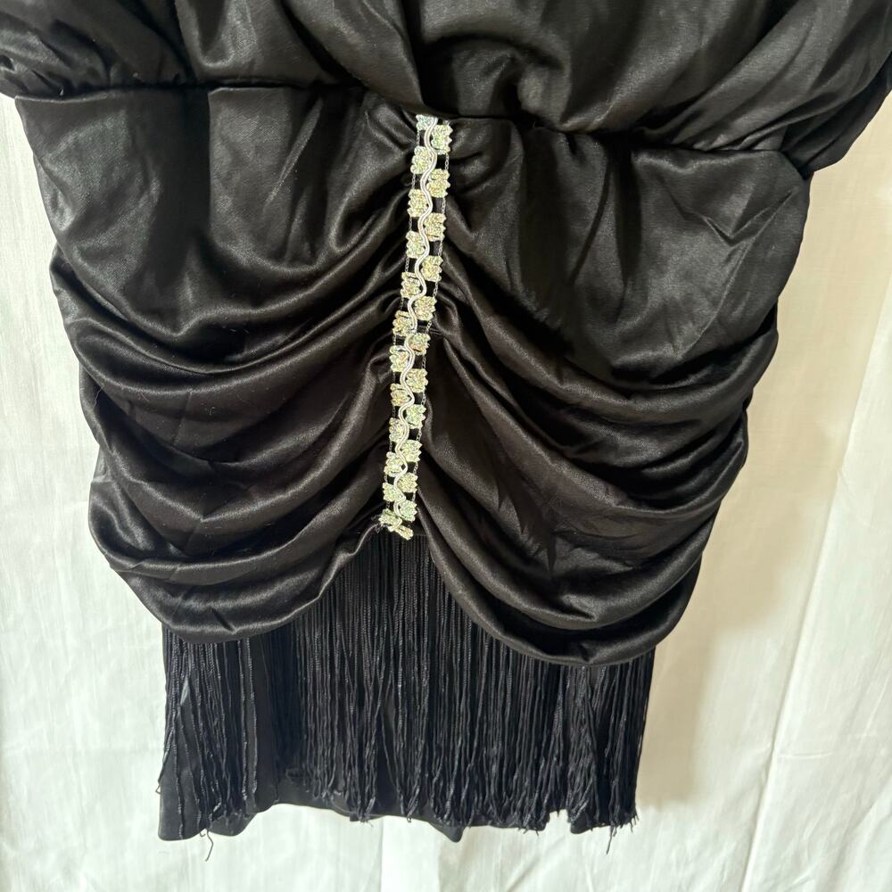 Vintage Expose California Disco Fringe Cocktail Dress Black V-Neck Size 10 - Picture 5 of 6